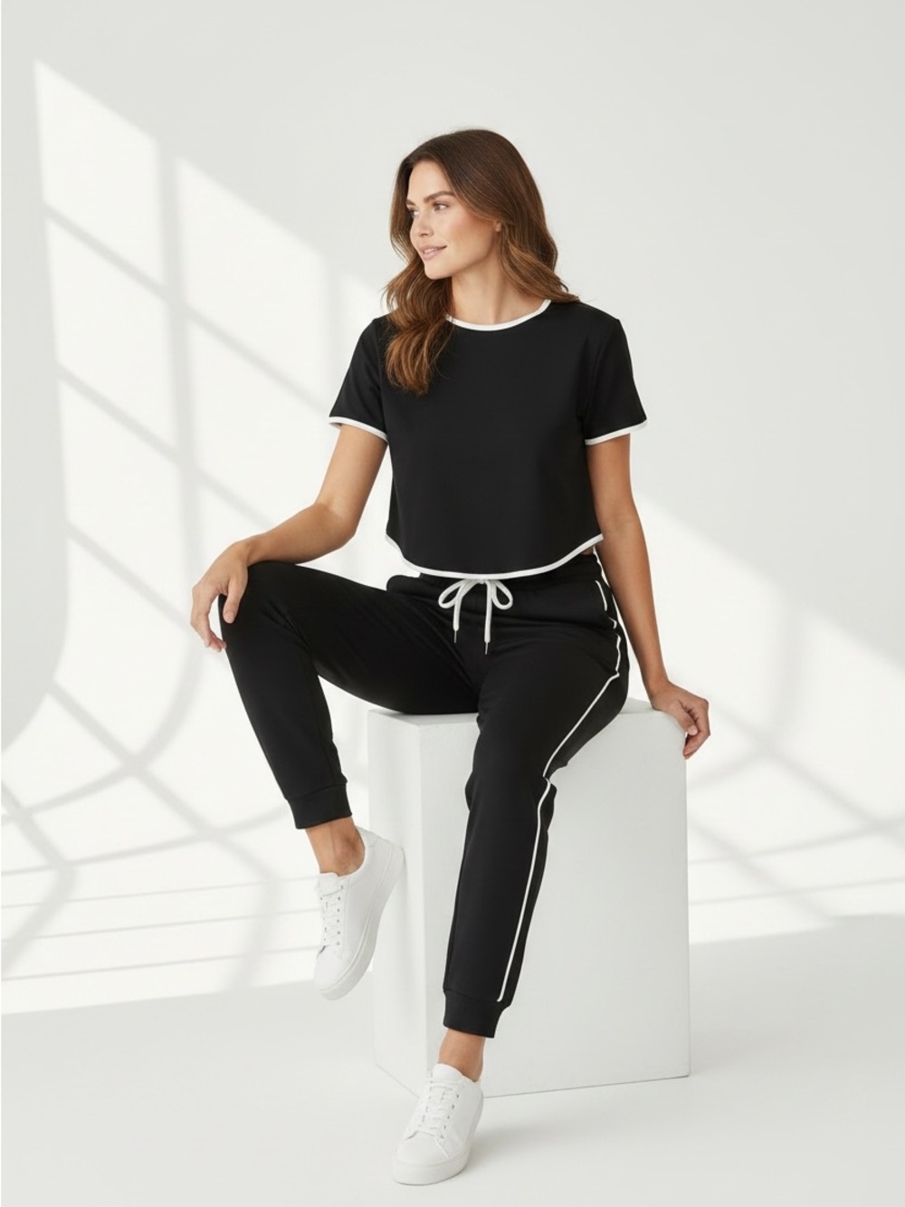 Women's Black Jogger Pants with White Trim